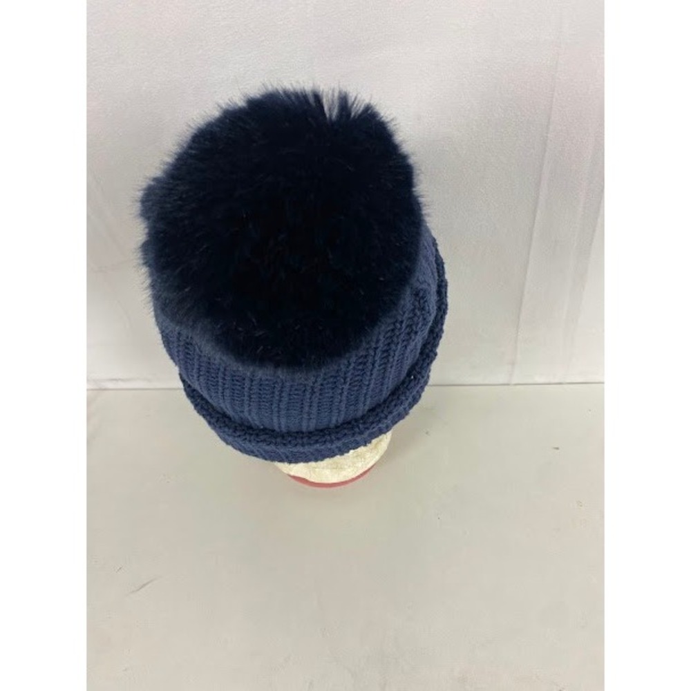 Love Your Melon Navy Blue Knit Beanie Faux Fur Pom Pom Cuffed Winter Hat USA - Picture 3 of 5